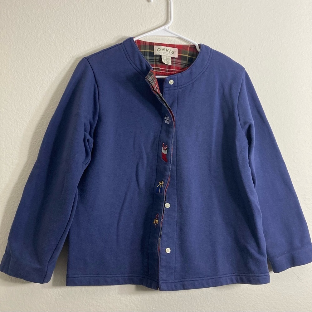 Orvis Vintage Embroidered Christmas Sweater - Blue/Red Plaid - Small